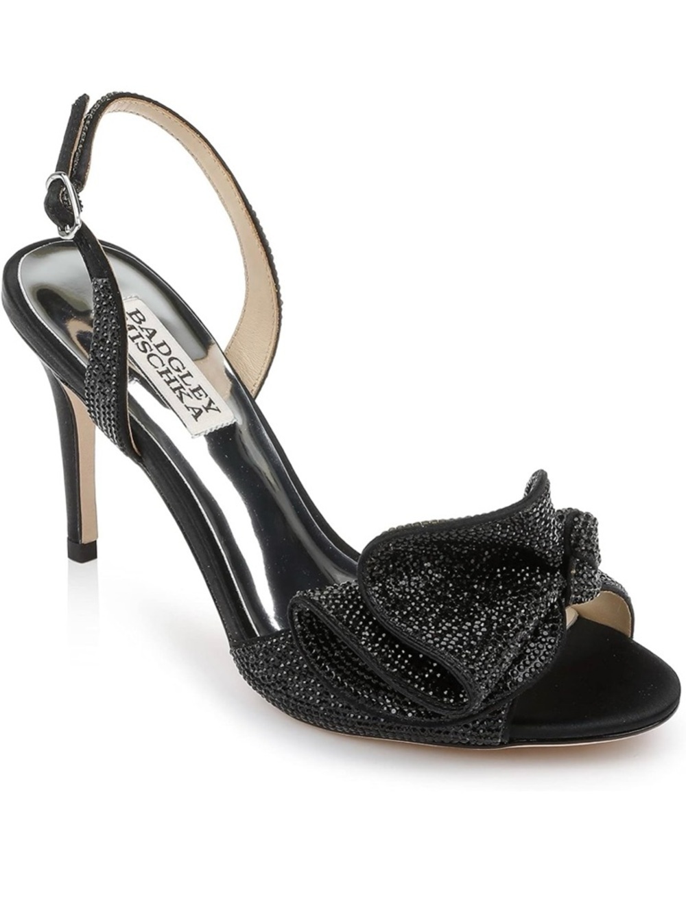 BADGLEY MISCHKA RENNIE BLACK CRYSTAL EMBELLISHED RUFFLE SLINGBACK EVENING HEELS